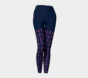 Anchor Legs and Hip Adult Leggings - Pink on Navy