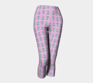 Anchor Toss Adult Capris - Green on Light Pink