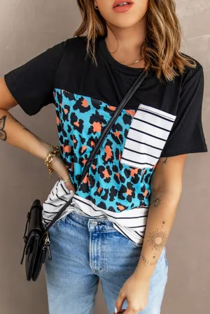 Blue Leopard Pocket Short Sleeve Top