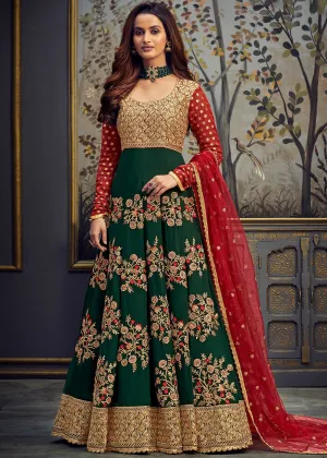 Green Swarovski Net Abaya Style Anarkali Suit