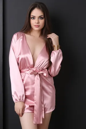 Satin Deep V Neck Waist-Tie Romper