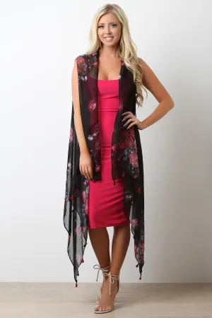 Semi-Sheer Floral Tassel Longline Vest